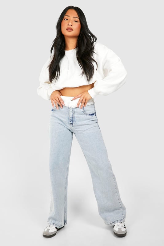 Petite Contrast Waistband Straight Leg Jeans