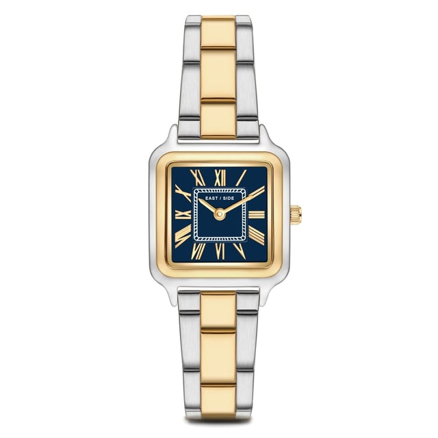 GENERAL INFORMATION:  • Targetgroup: Female  • Wristwatch: No Special Functions  • Display: analogue  • Weight of watch w/o box (gr.) - approx.: 60  MOVEMENT:  • Movement: Quartz  • Term of Movement: 2025  • Origin of movement: Japan  BRACELET:  • Material of bracelet/strap: Stainless steel  • Plating of bracelet/strap: No, IP-Plating  • Finishing of bracelet/strap: Smooth  • Finishing/Decoration of bracelet/strap: None  • Clasp/Closure/Buckle: Security-folding clasp  • Color of bracelet/strap: Silver/yellow gold  • Length of bracelet/strap (mm) approx.: 210,0  • Width of bracelet/strap (mm) approx.: 13,7  • Style/Design of bracelet/strap: Link bracelet  • Bracelet/strap adjustable?: Yes  CASE:  • Shape of case: Square  • Size/Diameter of case in mm . approx.: 25,0 x 32,0  • Height of case in mm: 8,2  • Case material: Metal (Alloy)  • Surface of case: Polished  • Bezel/Topring: Fixed  • Finishing/Decoration of case: None  • Material of case back: Stainless steel  • Lock of case back: No screwed-in crown  • Color of case: Silver/yellow gold  • Coating/Plating (Case): No, IP-Plating  • Type/Form of crystal: Flat  • Material of crystal: Mineral crystal  DIAL:  • Size jewelry care cloth: Hour, Minute  • Indices: Roman indicies  • Material of dial: Brass  • Structure/pattern of dial: Flat  • Color of dial: Blue  PUSHER, CROWN, HAND:  • Pusher: None  • Corrector: No  • Crown: No screwed-in crown  • Type of hands: Pole hand  • Luminescent (hands): No  PACKAGING & SCOPE OF DELIVERY:  • Box: Yes  • Service booklet: Yes  • Manual: Yes