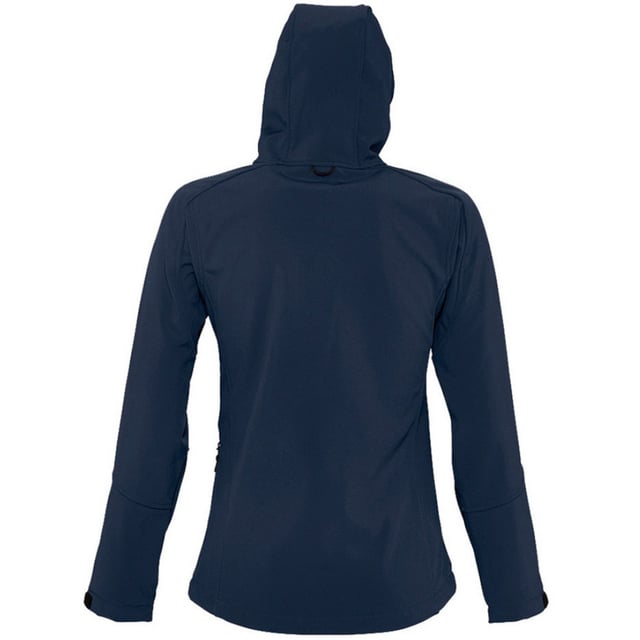 Breathable, windproof and water resistant. Shaped fit. Taped neckline. Hood with adjustable drawcord. Collar high full zip with inner storm flap and chin guard. Two front zip pockets and one right chest zip pocket. Tear release adjustable cuffs. Adjustable drawcord at hem. Drop tail. Access for decoration. Material: Stretch soft shell fabric has a 94% polyester/6% elastane outer, membrane and polyester fleece backing. Ladies size: S(8/10), M(12), L(14), XL(16), XXL(18).