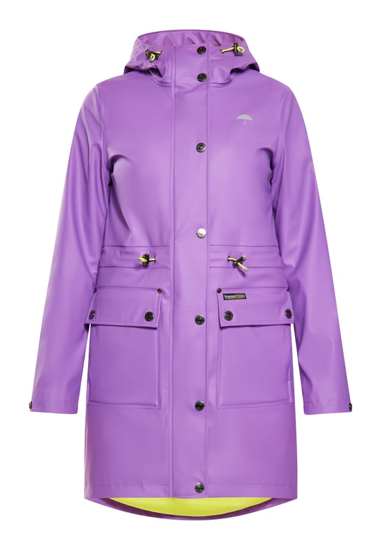 Werten Sie Ihre Outdoor-Garderobe mit diesem stilvollen Regenmantel auf, der auf Funktionalität ausgelegt ist. Diese Parka-Jacke verfügt über eine Kapuze mit Kordelzug, einen Reißverschluss vorne und Druckknöpfe für einfaches Tragen. Mit Pattentaschen und verschweißten Nähten für wasserdichten Schutz bietet es eine normale Passform. Der verstellbare Kordelzug in der Taille und der Stehkragen erhöhen den Komfort und halten Sie bei jedem Wetter trocken.  Regenmantel