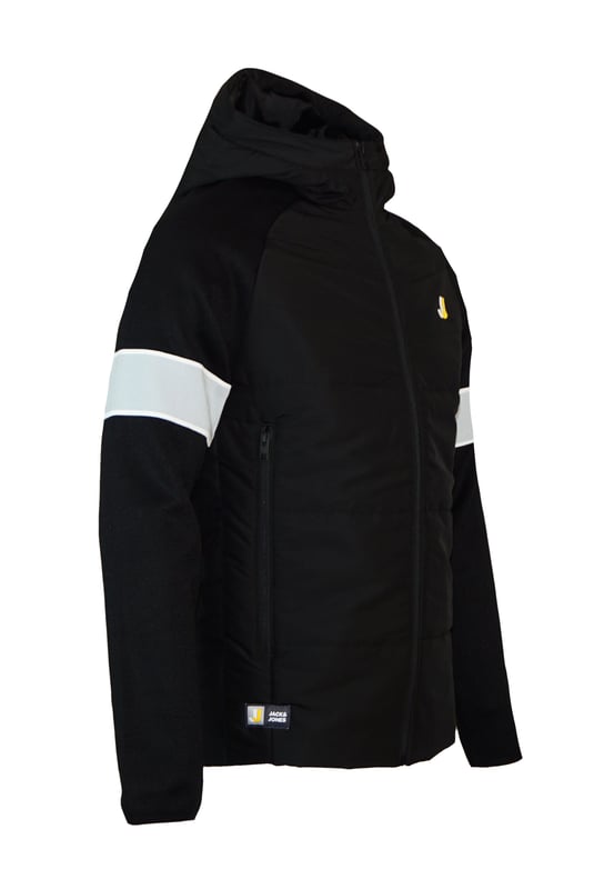 Veste matelassée sportive avec capuche, poches latérales zippées et logo imprimé en coupe régulière.