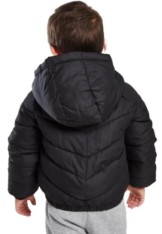 NIKE Hooded Chevron Puffer Jacket. - - . Features an all-over chevron stitch pattern and colour-block accent. - - . The full-zip closure makes layering easy and there are pockets to store your small essentials. - - . Water-resistant finish and full-coverage hood help keep kids dry in lighter rains.
