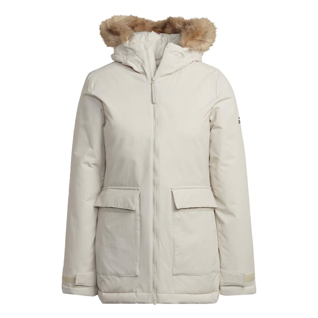 Nothing is the same two days in a row. Not in nature. Not in the city. Be prepared for all the weather shifts in this adidas parka. Padded for warmth, this do-it-all jacket also has adjustable cuffs and a cosy hoodie to help keep the cold out. Removable faux-fur trim lets you customise the look.This product is made with recycled content as part of adidas' ambition to end plastic waste.  - This model is 175 cm and wears a size S. Their chest measures 81 cm and the waist 60 cm. - Regular fit - Full zip with hood - Shell: 100% nylon plain weave with durable water-repellent (DWR) coating - Fill: 100% recycled polyester padding - Front patch pockets - Hook-and-loop adjustable cuffs  Shipped by adidas