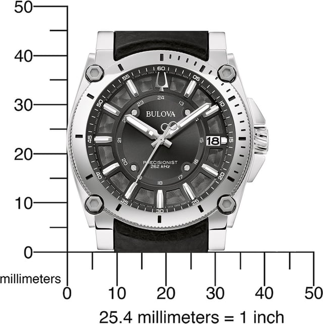 This Bulova Precisionist Icon Analogue Watch for Men is the perfect timepiece to wear or to gift. It's Silver 40 mm Round case combined with the comfortable Black Leather watch band will ensure you enjoy this stunning timepiece without any compromise. Operated by a high quality Quartz movement and water resistant to 10 bars, your watch will keep ticking. This high quality watch is an incredible eye-catching Men's watch This Analogue watch has a calendar function: Date , Luminous Hands and Luminous Numbers This high quality watch is an incredible eye-catching Women watch The Analogue watch has a Swiss Made movement Case diameter: 40 mm,case thickness: 13 mm, case colour: Silver and dial colour: Black