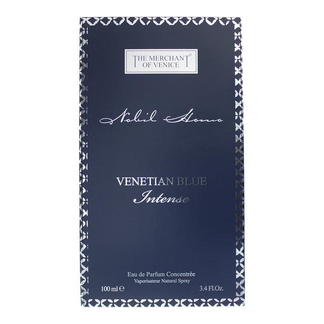 Venetian Blue Intense is an amber woody fragrance for men, launched in 2018 by The Merchant of Venice. The fragrance has top notes of Pineapple, Apple, Lemon and Bergamot; with middle notes of Black Pepper, Birch and Patchouli; and base notes of Moss, Ambergris and Musk. The fragrance Fruity, fresh and best worn between Spring time and Autumn.