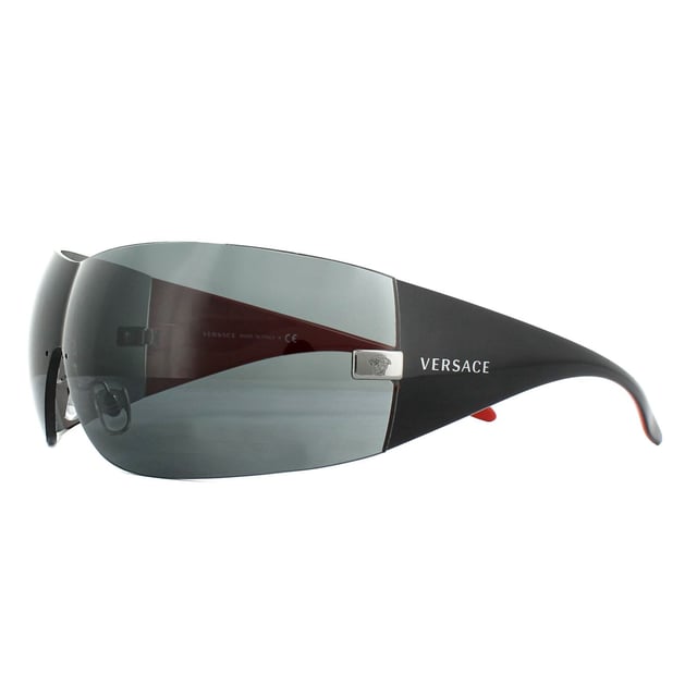 Versace Sunglasses VE2054 100187 Gunmetal Grey are a large wrapped shield style, one of Versace's classic styles which they do so well. The Versace lettered logo appears at the temples for that stamp of authenticity and quality.