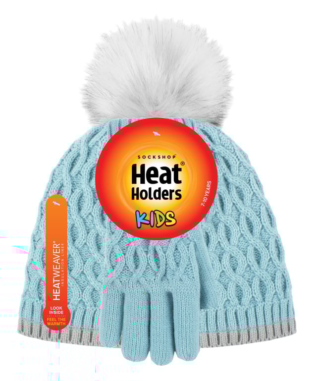Dress your kids cosy this Winter Season with Heat Holders Ice Palace themed hat and gloves for girls! Toasty kids are happy kids! Make sure your child stays warm for Winter fun in these comfy matching hat and gloves set. This chunky pom pom hat and gloves are knitted in an attractive diamon-like design. They are soft yarn with a ribbed hem and incorporates the latest HeatWeaver® thermal lining, a luxurious, plush fur-like insulating fabric, that maximises the amount of warm air held close to the skin. The specially developed thermal yarn provides high performance insulation against cold with superior moisture breathing abilities. Made from stretchable construction, these hat and gloves set contours around the natural shape of your child's body for a better improved fit, warmth and comfort. Your kids will look and feel stylish whilst keeping warm in these very cute and comfortable pull on beanie hat. The pom pom detail on the top of the hat makes for an adorable Winter look! Designed to keep your child warm during the cold months, these gloves feature a turn over cuff so you can adjust the gloves according to your child's wrist for a cosy fit! They come in 5 colours ranging from Cloud Greym, Buttercream, Dusky Pink, Lavender Frost, Al Blue. These hats and gloves are available in 7-10 years.