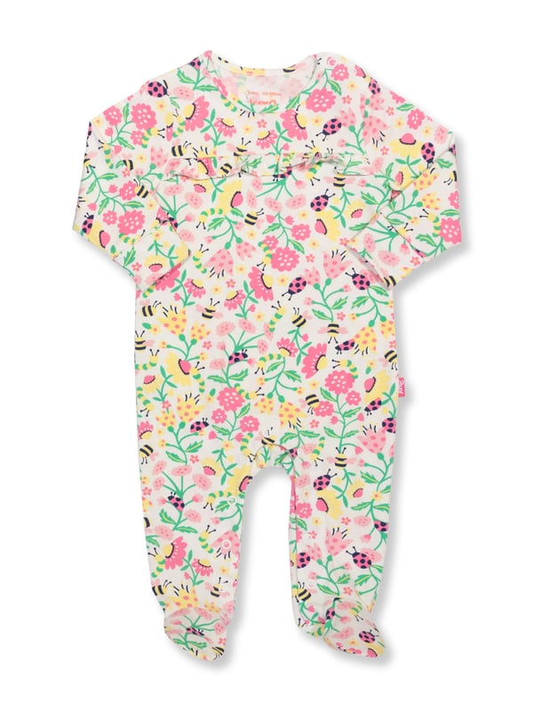 95% organic cotton 5% elastane | Proud to be certified to the Global Organic Textile Standard (GOTS) | Love nature all-over print | Single jersey with a little bit of stretch (180-190 gsm) | Popper crotch and shoulder opening | Long sleeved | Integrated scratch mitts up to 6 months | Gathered yoke design | Made in Turkey | Machine washable at 40 degrees, or at 30 degrees to be kinder to the planet