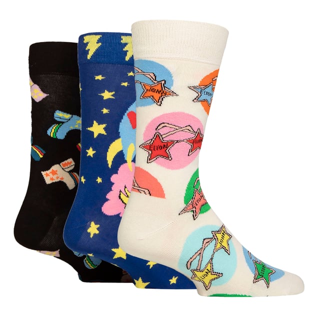 Happy Socks - Men’s & Ladies 3 Pack Elton John SocksIndulge your feet in a symphony of style with the Happy Socks Men’s & Ladies Elton John Novelty Socks. Crafted from soft combed cotton, each pair is a testament to comfort and luxury.Delivered with a 3 pair pair per pack that comes in a funky, colourful Elton John gift box these socks boast reinforced heel and toe sections, ensuring durability for everyday wear.Step into a world of whimsy with classic Elton John patterns adorning each sock. From iconic star glasses to the vibrant Rocketman motif and the unmistakable Elton John boots, these designs capture the essence of the legendary musician's flamboyant style.Whether you're treating yourself or searching for the perfect gift, these socks are an ideal choice. Their soft and comfortable fabric makes them a delight to wear, while the Happy Socks branding adds a touch of sophistication.Today, Happy Socks has reached 90 countries and every continent. With Concept Stores all around the world, from LA to Tokyo, Happy Socks can be found in over 10,000 top fashion apparel boutiques.These socks are made from 86% Cotton, 12% Polyamide, 2% Elastane and come in 2 sizes: Men’s 6-11 UK & Ladies 4-7 UK. They come with great Elton John patterns and they are Machine Washable. Extra Product DetailsHappy Socks Adult Novelty SocksSoft Combed Cotton3 Pair Per PackComes In Gift BoxReinforced Heel & ToeClassic Elton John PatternsA Perfect Gift IdeaSoft & ComfortableHappy Socks Branded2 Size OptionsMachine Washable