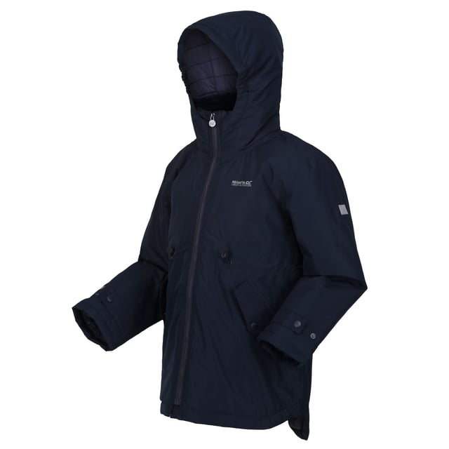 Regatta Childrens/Kids Violane Waterproof Ski Jacket (Navy) Material: 100% Recycled Polyester. Lining: Taffeta. Design: Logo, Sleeve Patches. Fabric Technology: Breathable, DWR Finish, Insulating, Isotex 5000, Reflective, Thermo-Guard, Waterproof, Windproof. 360 Degree Reflection, Taped Seams. Cuff: Adjustable, Snap Fastening. Neckline: Faux Fur Collar, Hooded. Sleeve-Type: Long-Sleeved. Hood Features: Adjustable, Elasticated, Grown On Hood. Pockets: 2 Lower Pockets, Flap Closure, Snap Fastening. Fastening: Full Zip. 5000g/m²/24hrs. Hem: Drawcord, Fishtail. Please Note: Printed Name Label up to Age 8. Sustainability: Made from Recycled Materials.