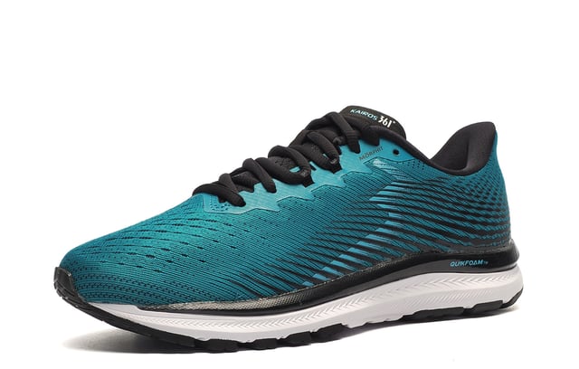 For those seeking a high-end running shoe at an exceptional price, the 361 Kairos is a perfect choice. This shoe brings together 361s most advanced technologies to deliver a smooth, dynamic, and highly integrated running experience.
 Crafted from super-soft materials, the anatomical pressure free tongue is designed to contour around the top of the ankle, offering a customized fit that alleviates pressure and stress on the top of the foot during intense workouts and runs. 
 The double engineered mesh, featuring a creative 45-hole pattern within its double jacquard design, maximizes ventilation and comfort. Paired with a 3D print, it offers a spacious forefoot without compromising the overall fit.
 Inside, comfort foam insoles provide long-lasting support, excellent moisture management, and breathability thanks to their open-cell Ortholite construction, which incorporates 20% recycled materials.
 The shoes dynamic stability technology works by engaging the foot mechanics improve running efficiency and promoting smooth heel to toe transitions. Additionally, the High Abrasion Rubber Technology (H.A.R.T.) on the rear offers exceptional grip and durability across various terrains, ensuring stability and confidence with every step, no matter where your runs take you.
-Textile / Double-layer mesh mix upper enhances breathability
-Comfort cushioned foam insole
-QU!KFOAM & QU!KSPINE shock absorbing technology for enhanced transitions
-QU!KFLEX flex groves for extra stability
-Anatomical pressure free tongue design
-Perfect Fit lace up closure
-High abrasion rubber technology for optimal traction
-Durable blown rubber outsole
-361 Branding