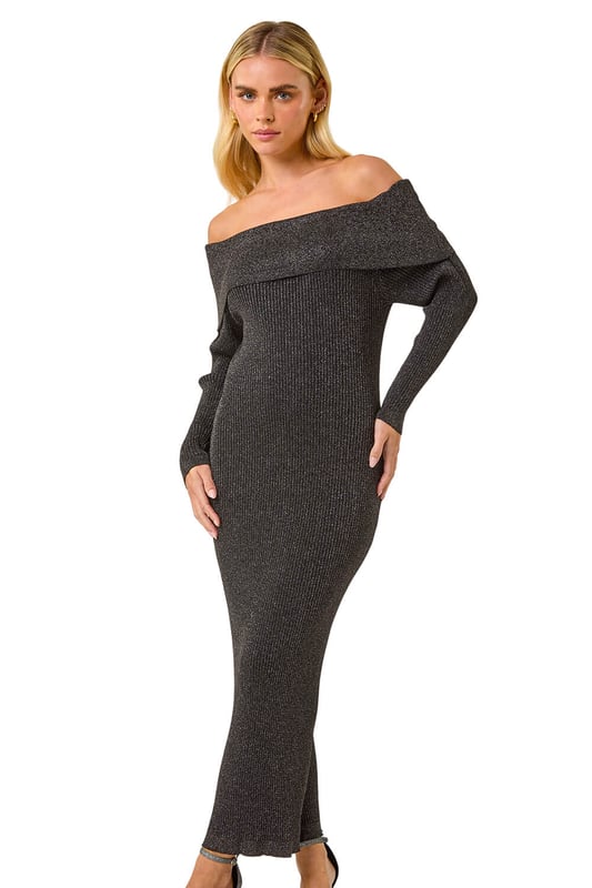 Petite Metallic Knit Bardot Midi Dress