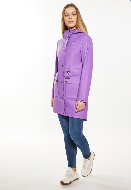 Werten Sie Ihre Outdoor-Garderobe mit diesem stilvollen Regenmantel auf, der auf Funktionalität ausgelegt ist. Diese Parka-Jacke verfügt über eine Kapuze mit Kordelzug, einen Reißverschluss vorne und Druckknöpfe für einfaches Tragen. Mit Pattentaschen und verschweißten Nähten für wasserdichten Schutz bietet es eine normale Passform. Der verstellbare Kordelzug in der Taille und der Stehkragen erhöhen den Komfort und halten Sie bei jedem Wetter trocken.  Regenmantel