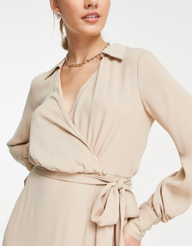 asos design collared wrap midi dress with tie belt