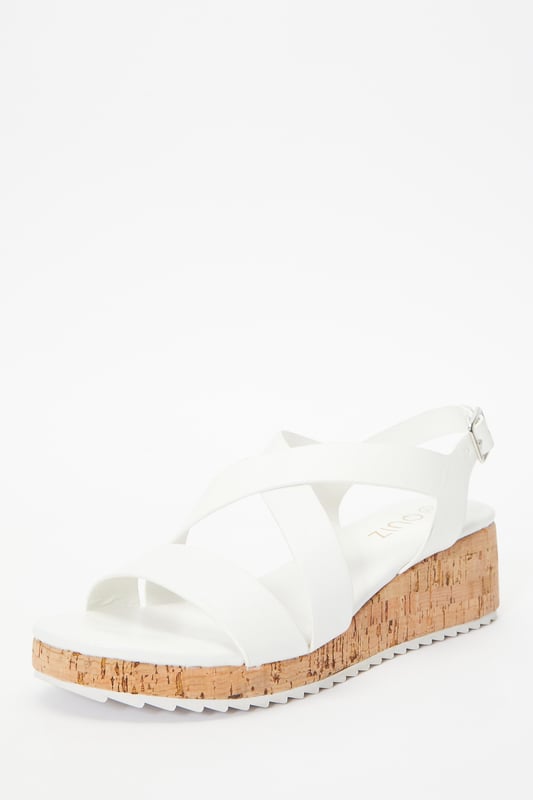 White Faux Leather Sporty Wedges - Faux leather finish - Cross strap design - Cork style wedge - Buckle fastening - Heel Height: 5cm / 2” approx