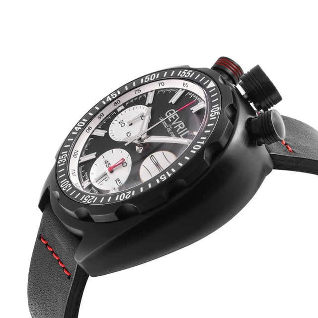 As adventurous as its namesake, the Canal Street Collection by Gevril captures the energy of this bold, buzzing New York City street in a new signature series of watches. Downtown Manhattan is as known for the enduring high fashion as it is for edgy street style. Balanced between the hip Chelsea neighborhood and upscale SoHo, no thoroughfare represents this juxtaposition better than the bustling Canal Street. In this series of diver watches by Gevril, luxe details, precision design, and robust styling combine, featuring precision Swiss Automatic movement.Purchase an additional strap/bracelet for this watch
Gevril 46203 Men's Canal St Automatic Chronograph Watch
Gevril Men's Automatic Chronograph Watch from the Canal St. Collection
48 mm Round IPBK Case, Chronograph with 3 sub dials 1/8-seconds counter, 30-minutes counter, 12-hours counter
Black Dial, Push/Pull Crown, Case back 4 screws
Anti-reflective Sapphire Crystal
Water Resistant to 200 Meters/20 ATM
  Genuine Black Leather strap with Tang Buckle

Swiss Automatic Chronograph Movement Sellita SW500