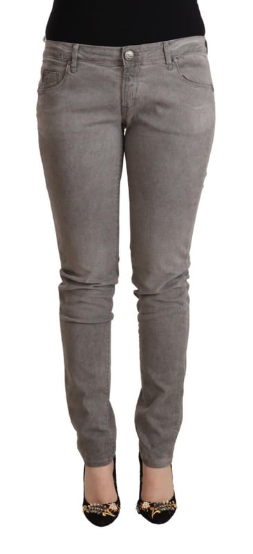 Brand: ACHT
  Material: 98% Cotton 2% Elastane
  Color: Gray washed
  Fit: Slim
  Waist: Low
  Closure: Zipper and button
  Style: Skinny Denim
  Details: Logo details
Material: 98% Cotton 2% Elastane
