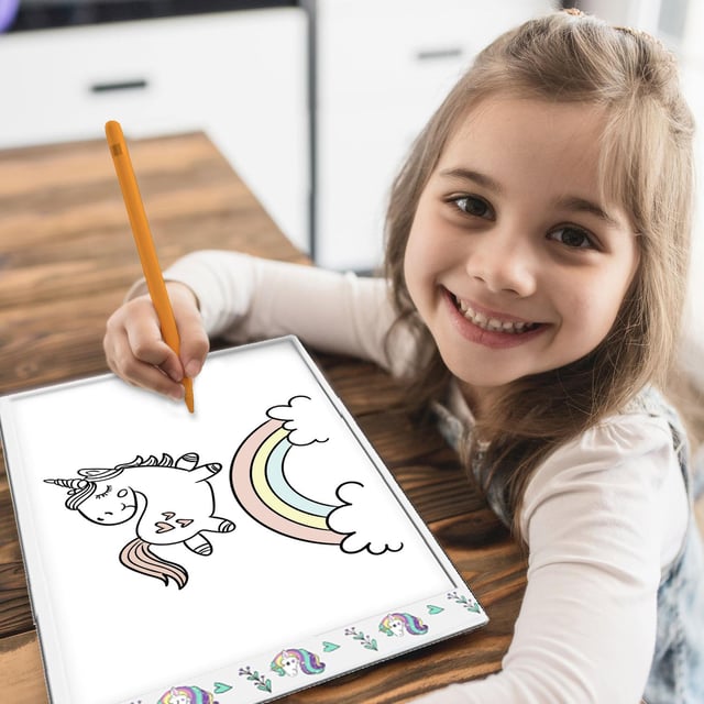 Doodle A4 Ultra-Thin Portable LED Tracing Pad with USB Cable Unicorn.  Whether you are a professional artist or an amateur, take your drawings to the next level with this versatile Doodle LED Tracing light pad. The back-lit background makes it incredibly easy to trace drawings or add to existing works.  Ultra-Thin and Portable: Lightweight (400gm) and ultra-thin (0.5cm) drawing board, you can carry anywhere anytime. The illumination is perfectly even, super bright, and flicker-free.  Adjustable brightness can be set as per your need. Just long-press the power button for step-less dimming on the board and you can set the brightness.  There is horizontal and vertical scaling that helps a lot while sketching.  LED Drawing Board can be connected to a laptop, power-banks, adapters, etc to make use with 2.8W power consumption.  Eyesight protective LED board is a flicker-free and eco-friendly LED. No more sore eyes after long-hour work. amiciVision drawing board

Features :
Acrylic durable strong panel.
A super bright light shines through most types of paper.
One-touch brightness settings.
USB power connection.
Convenient for use on a desk or on your lap.
The touch switch makes it simple to use and turn on or off.
Easily assembled, carried, and stowed away.
Product Material: Acrylic
Power Source: USB Charger (5V-12V/DC)
Light Source: LED light
Screen Size (Diagonal) : 16 Inches/38.6 cm
Screen Resolution : 3840 x 2160
Age Recommendation: 6 years above

Includes:  1x drawing board, 1x USB cable (1.5mlong) and 1x user manual