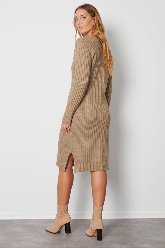 Camel Petite Ava V Neck Knit Midi Dress