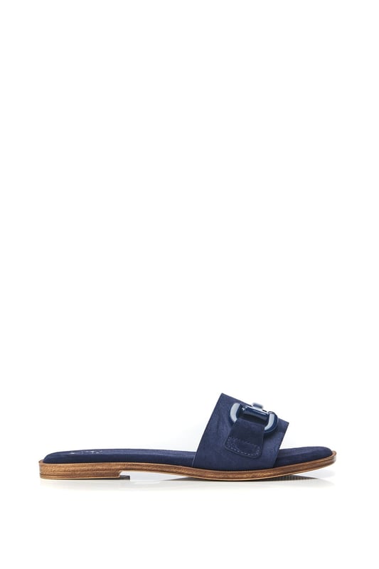 Obsess over Olayo. The perfect suede slip featuring metal trim. Pair with a summer dress or with a blazer for the perfect off-duty look.