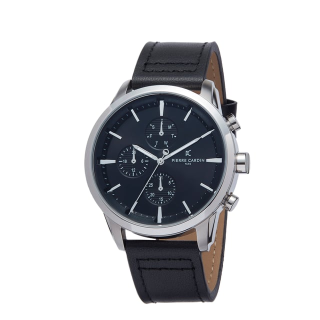 This sporty and clasical watch is perfect for every occasion! -The watch has a calendar function: Day-Date, Luminous Hands, 24-hour Display. High quality 21 cm length and 22 mm width. Black Leather strap with a Buckle. Case diameter: 45 mm, case thickness: 11 mm, case colour: Silver and dial colour: Black Water resistant: 3 bars -Weight: 75 g The watch is delivered in an original gift box and has a warranty of 2 years