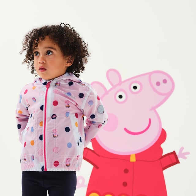 Material: 100% Polyester. Lining: Comfort, Mesh, Polyester, Taffeta. Fabric: Hydrafort. Design: Badge, Cartoon, Crest, Polka Dot. Trim: Reflective. All-Over Print, Lined, Printed Name label, Taped Seam. Fabric Technology: DWR Finish, Waterproof. Cuff: Elasticated. Neckline: Hooded. Sleeve-Type: Long-Sleeved. Hood Features: Elasticated, Grown On Hood. Length: Hip Length. Pockets: 2 Lower Pockets. Fastening: Zip. Hem: Elasticated. 100% Officially Licensed. Characters: Peppa Pig.