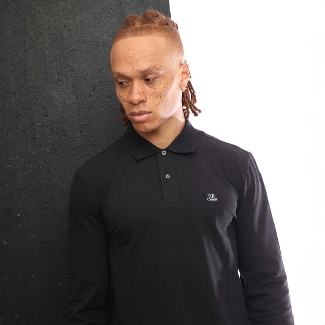 Men's Company Stretch Piquet Long Sleeved Polo Shirt in Black