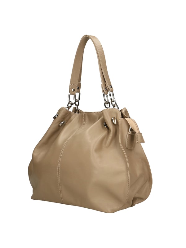 Bolso bandolera para mujer. El cierre es con cremallera. Los bolsillos internos son uno con cremallera. Los bolsillos externos son uno en la espalda con cremallera. La bandolera es ajustable y extraíble en piel. El mango es de cuero. Hay dos compartimentos internos. El material exterior es piel auténtica sauvage. Internamente está forrado en tejido 70% algodón - 30% seda. Medidas: 38x30x12 cm. Hecho en Italia
