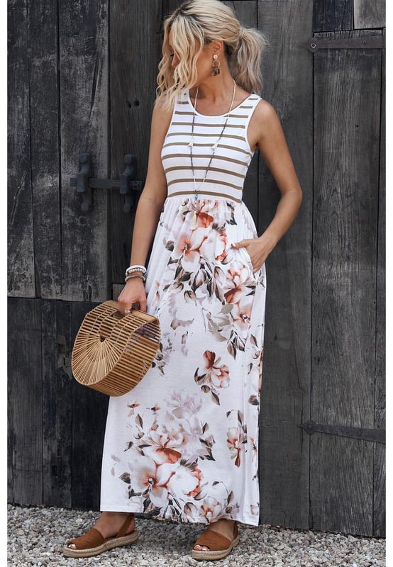 Sleeveless Maxi Dress
  Striped Floral Print
  Designed for Women
  Quality materials
  Convenient pocket
  Versatile for any occasion