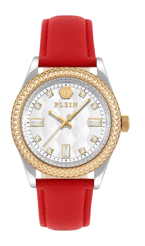 This Philipp Plein Queen Analogue Watch for Women is the perfect timepiece to wear or to gift. It's Multicolour 38 mm Round case combined with the comfortable Red Leather watch band will ensure you enjoy this stunning timepiece without any compromise. Operated by a high quality Quartz movement and water resistant to 5 bars, your watch will keep ticking. Philipp Plein presents a new interpretation of its feminine bestseller, exclusively designed for the future royalty.   The Philipp Plein’s Queen is elegant yet untamable: it embodies grace and urban charm at the same time. This Analogue watch has a  function: Luminous Hands High quality 19 cm length and 19 mm width Red Leather strap with a Buckle Case diameter: 38 mm,case thickness: 11 mm, case colour: Multicolour and dial colour: Silver