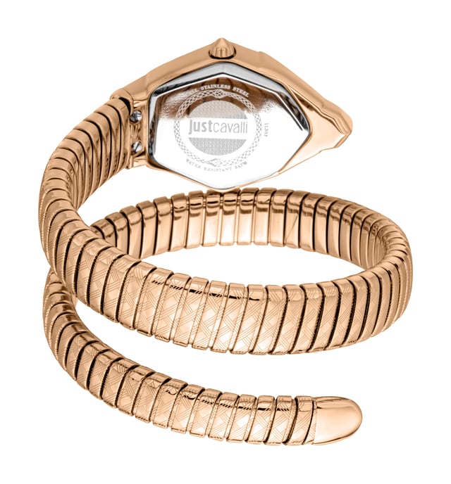 JC1L303M0045 Ornato Snake Analog Watch for Women Wear the minute of excellence with this watch from Just Cavalli. The dial is shielded by mineral glass. The 30 m water resistance makes sure it does not damage when in contact with water particles. The uni-directional bezel is a safety feature that provides a reliable way to measure time in critical situations, particularly in underwater environments where timing is crucial.
