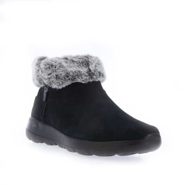 Womens Skechers On The Go Joy Boots in black.- Suede upper with faux fur trim.- Side zip closure.- Skechers® logo detail. - Lightweight 5GEN® Technology midsole cushioning.- Skechers Air-Cooled Goga Mat™ insole. - Chenille lining.- Flexible traction outsole.- Ref: 144003BKGY