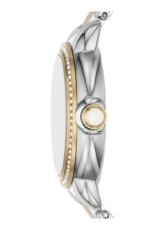 This Emporio Armani Mia Analogue Watch for Women is the perfect timepiece to wear or to gift. It's Multicolour 32 mm Round case combined with the comfortable Multicolour Stainless steel watch band will ensure you enjoy this stunning timepiece without any compromise. Operated by a high quality Quartz movement and water resistant to 5 bars, your watch will keep ticking. This elegant, fashionable watch set with beautiful stones is a perfect gift for New Year, birthday,valentine's day and so on High quality 19 cm length and 15 mm width Multicolour Stainless steel strap with a Deployment clasp Case diameter: 32 mm,case thickness: 9 mm, case colour: Multicolour and dial colour: Mother of pearl