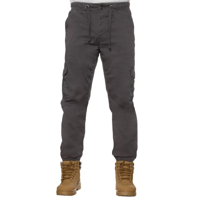 Ze Enzo Mens Combat Cuffed Jogger Style Jeans In Grey, Waist with stretch for added comfort, 98% Cotton, 2% Elastane, Zip Fly Fastening, 6 Pocket design Including 2 side Velcro flap pockets and Button Back Pockets, Mid Rise, Elasticated Ribbed Waist and Cuffs, Adjustable Drawstrings and Branded Buttons, Machine washable, For All Year Round wear And Casual Occasions.