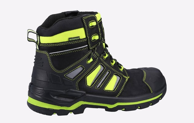 This Metal Free Hi-Vis Safety Boot has been developed to tackle all types of industries in most adverse conditions. A Hi-Vis fluorescent waterproof Cordura ensures maximum visibility at any time of day, with a waterproof membrane, and a rubber outsole.
- Metal Free Boot with Yellow Safety Hi Viz Waterproof CORDURA- Water Resistant Full Grain Nubuck Leather Upper- Internal Waterproof Membrane- Moulded TPU Toe Guard for Extra Durability- Moulded TPU Heel Counter for Enhanced Heel Support and Protection- Reflective Piping and Loop for Maximum Visibilty- Deep Padded Mesh Collar for Extra Comfort- Comfortable, Cushioned and Removable PU Footbed- Injected PU Midsole Enhances Comfort and Shock Absorption- Non-Marking Rubber Outsole