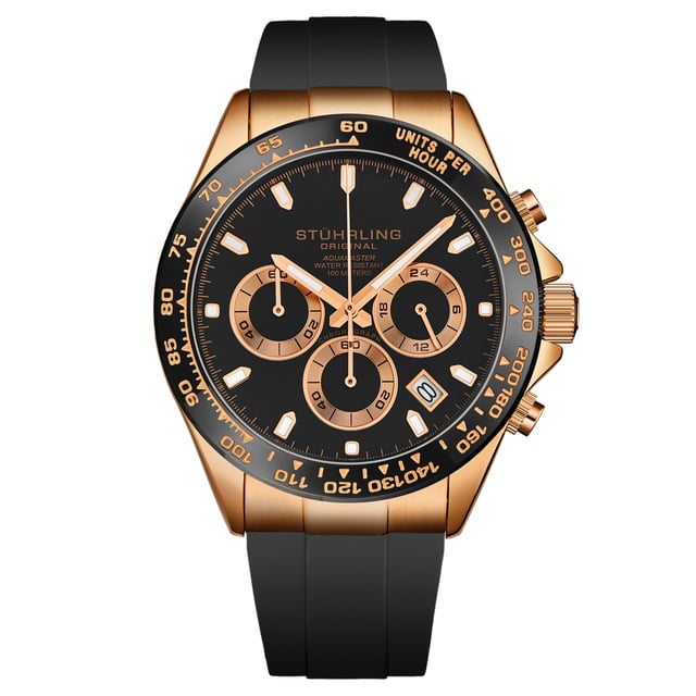 Men's Quartz Chronograph, Alloy RG Case, Black Dial,RG hands and Markers  Black Bezel,black rubber strap