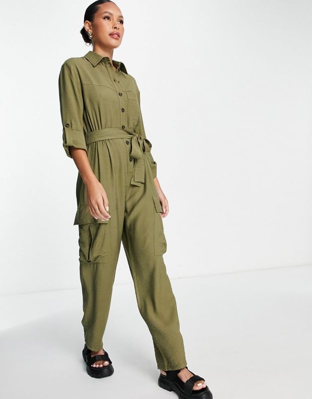 Topshop utility jumpsuit with pockets in khaki-Green