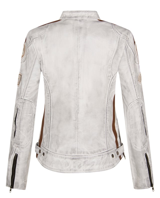 Finished in our premium nappa leather and detailed with our embroidered vintage badges, racing enthusiasts look no further. The classic biker style is leveled up with the addition of twin contrasting racing stripes on the sleeves and a thoughtful placement of racing badges to make this iconic piece. The jacket still stays true to its biker roots with a classic short tab collar and two zip pockets positioned at the breast for a traditional look. For additional storage find two hand pockets at the waist to ensure this jacket is as practical as it is stylish. â€¢ 100% premium ultra-soft nappa leather. â€¢ Four exterior pockets â€¢ Racing style stripes on each of the jacket sleeves â€¢ Full length YKK zip on the front â€¢ Embroidered racing style badges featured across the jacket front and sleeves