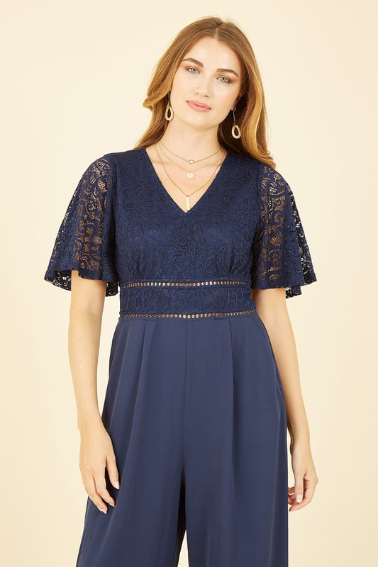Navy Lace Bodice Jumpsuit With Kimono Sleeve
