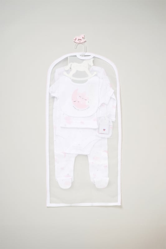 Surprise new parents with the printed 5-Piece baby gift Set from Rock A Bye Baby Boutique. This thoughtful bundle includes a cosy matching all-in-one, bodysuit, bib, hat, and mitts for essential wardrobe pieces. Crafted from 100% cotton, each item ensures their baby stays stylish and snug, perfect for everyday wear or special occasions. Packaged elegantly in a mesh bag.