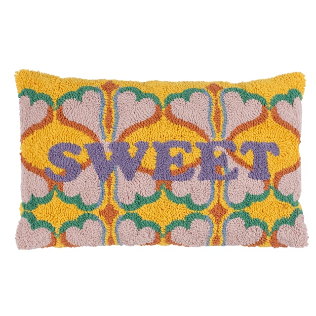 Make your life even sweeter with this lush, woven loop cotton cushion, featuring lots of love hearts and letters spelling out S.W.E.E.T on a bright yellow background. Finished with a plain polycotton canvas reverse. Individual and unique, it will stand out on your home furnishings and help make your own style statements.  Size: 30 x 50cm