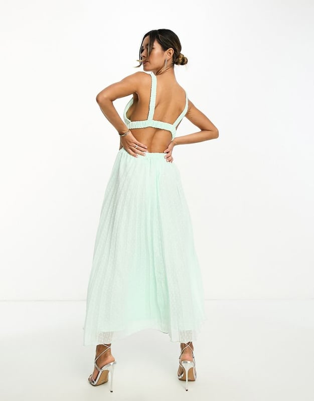 green emerald velvet dress ASOS DESIGN High Neck Pleated Chevron Dobby Midi Dress With Puff Sleeve In  Forest Green