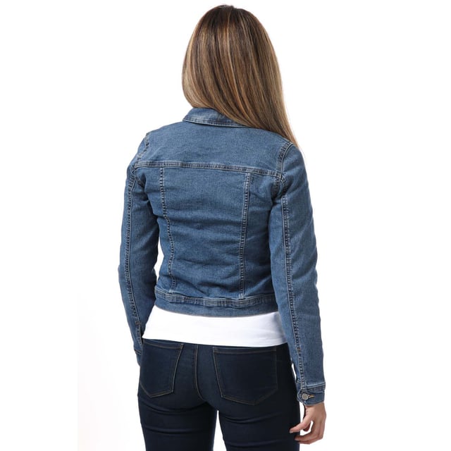 Womens Only Wonder Life Denim Jacket in medium blue denim.- Classic collar.- Full button placket with branded metal shanks.- Long sleeves with buttoned cuffs.- Button-flap chest pockets.- Stretch denim quality.- Regular fit.- 79% Cotton  20% Polyester  1% Elastane. - Ref: 15243147B