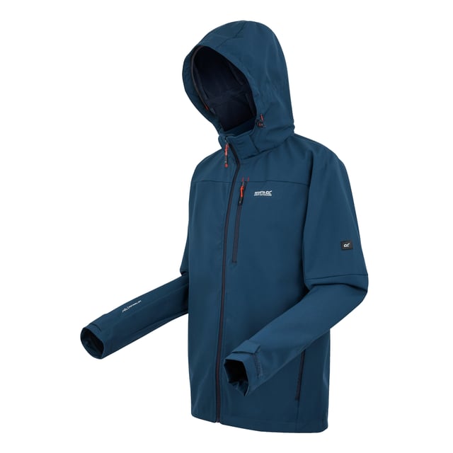 96% Recycled Polyester, 4% Elastane. Lining: Contrast. Fabric: Mesh Backing, Softshell, Stretch, Woven. Design: Logo. Fabric Technology: Breathable, DWR Finish, Lightweight, Waterproof, Wind Resistant, XPT. Cuff: Adjustable Wrist Strap. Neckline: Hooded. Sleeve-Type: Long-Sleeved. Pockets: 2 Side Pockets, 1 Chest Pocket, Zip. Fastening: Full Zip. 10000g/m²/24hrs. Hem: Adjustable, Drawcord. Sustainability: Made from Recycled Materials. S: 38 in. M: 40 in. L: 42 in. XL: 44 in. XXL: 48 in. 3XL: 51 in. 4XL: 54 in. 5XL: 57 in.