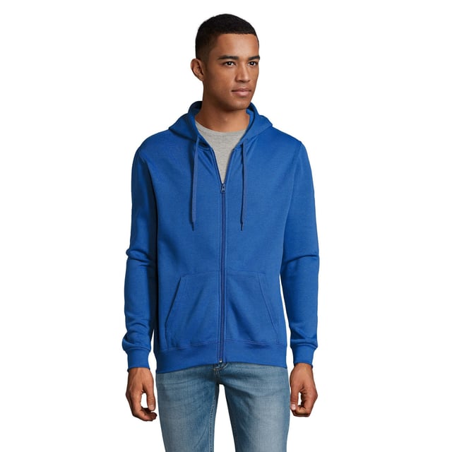 Mens hoodie. Drop shoulder style. Brushed back fleece. Hood with self fabric drawcord. Full length front zip. Two front pockets. Ribbed cuffs and hem. 260gsm. Fabric: 50% Cotton, 50% Polyester. Mens Chest (to fit inches): S(36/38), M(38/40), L(41/42), XL(43/44), XXL(45/47).