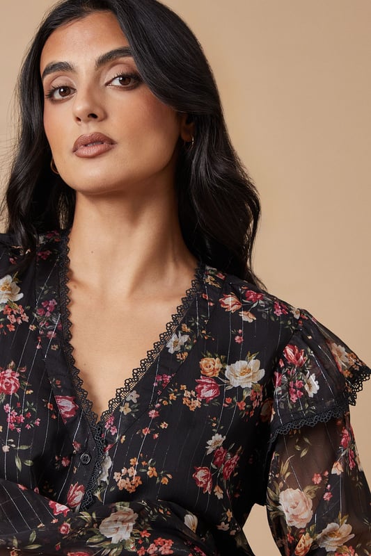 Floral Metallic Chiffon Lace Trim Ruffle Sleeve Blouse