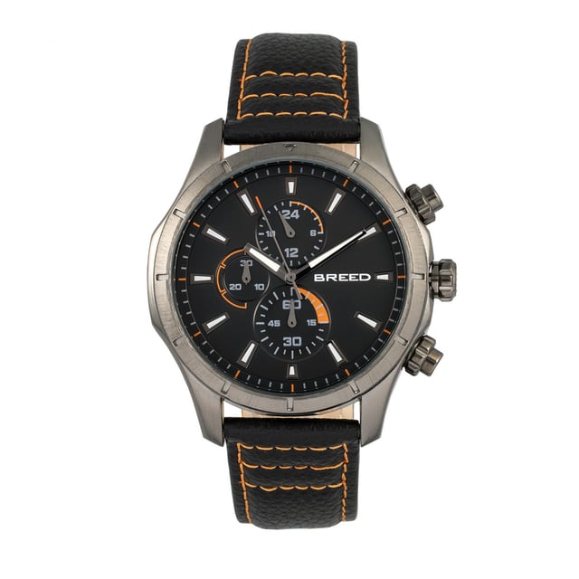 Brushed Alloy Case; Precision Japanese Quartz Movement; Full-Function Chronograph; Non-Glare Scratch Resistant Mineral Crystal; Logo-Engraved Stainless Steel Caseback; Genuine Leather Crocodile-Embossed Strap; Logo-Engraved Stainless Steel Clasp; Luminous Hands; Luminous Markers; 24-Hour Sub-Dial; 47mm Case Diameter; 5 ATM Water Resistance;
