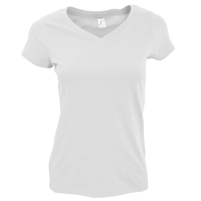 Fitted cut with side seams. Taped back neck. Rib v neck. Twin needle cap sleeves and hem. Fabric weight: 150 gsm. Material: 100% ringspun semi-combed cotton. Ladies size: S(8/10), M(10/12), L(12/14), XL(14/16), XXL(16/18).