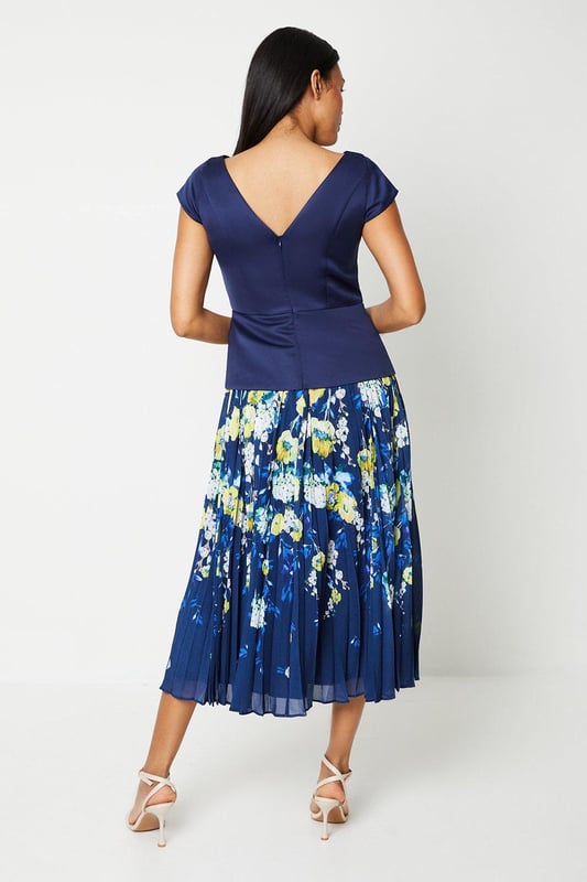 Printed Pleated Skirt Overlay Bodice Midi Dress