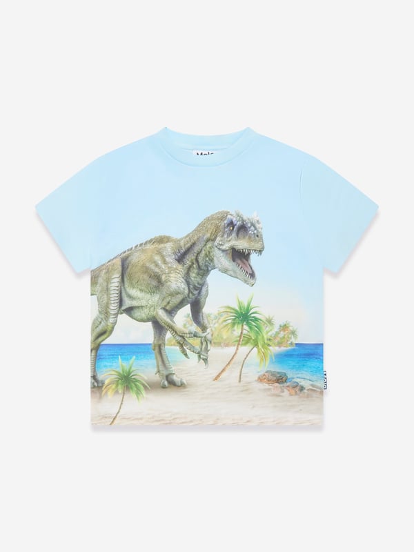 Molo encapsulate fierce energy and creative ambition in their sustainability abstracts. This boys beach t-shirt features a chaotic image of a staggering t-Rex in a beach landscape. Both innovative and striking, it will be his favourite to wear.  100% Organic Cotton GOTS Organic Certified By Ecocert Greenlif